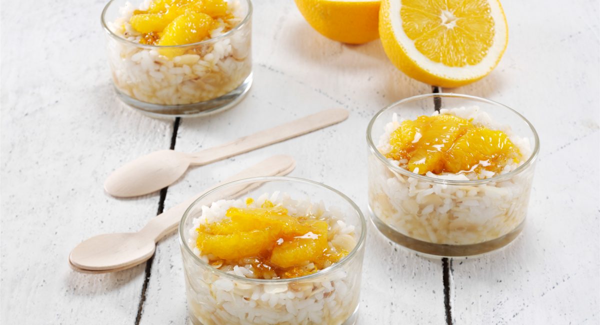 Milk rice pudding with orange syrup