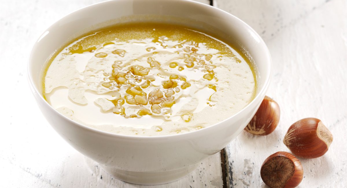 Hazelnut soup with granulated vegetable stock