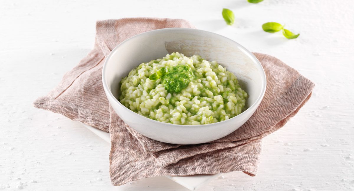 Risotto with pea purée and basil pesto