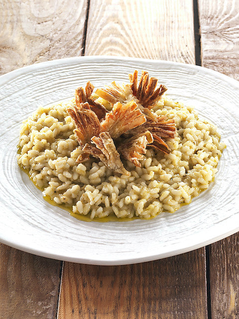 Baldo rice with fried artichokes and artichoke pesto