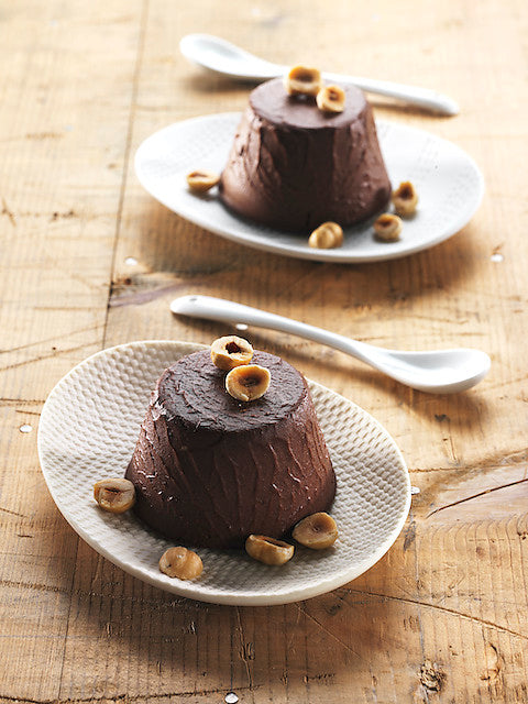 Millet blancmange with bitter cocoa and hazelnuts