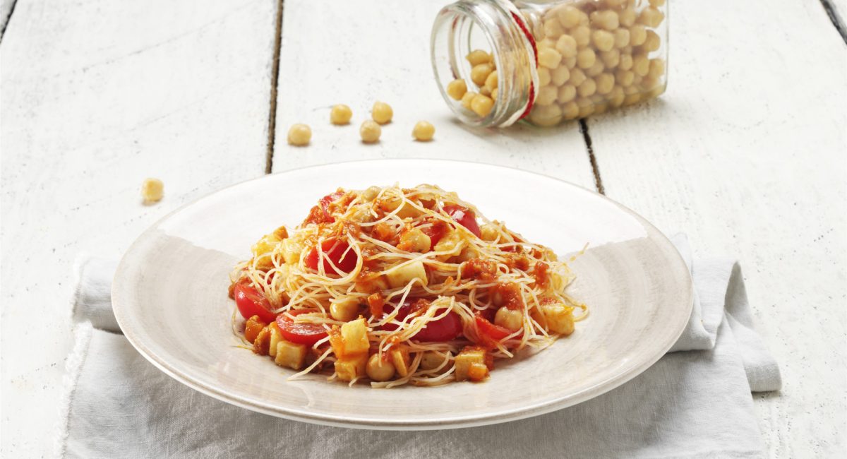 Corn and rice spaghetti with vegan tofu pesto and roast vegetables