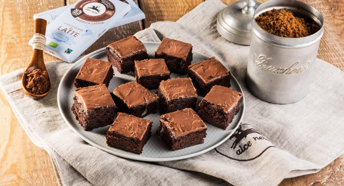 Rum brownies with milk chocolate and coffee whipped ganache