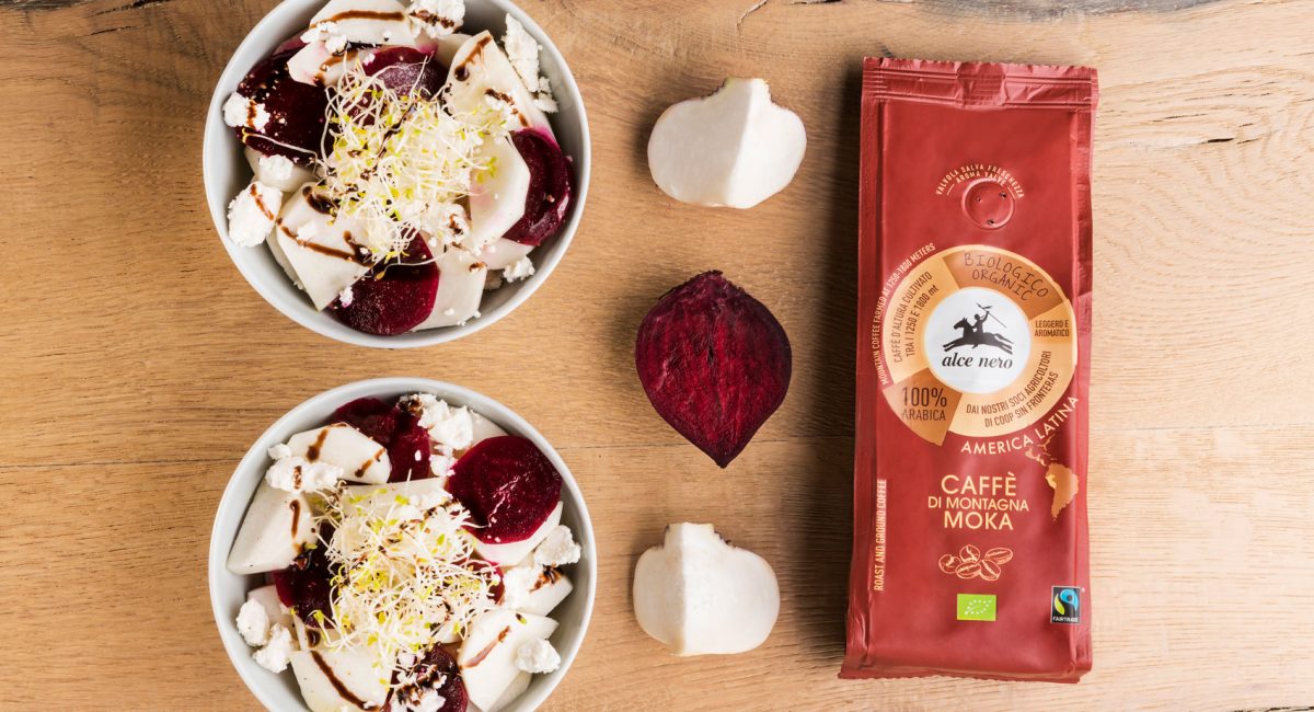 Turnip and beetroot salad with cheese and coffee reduction