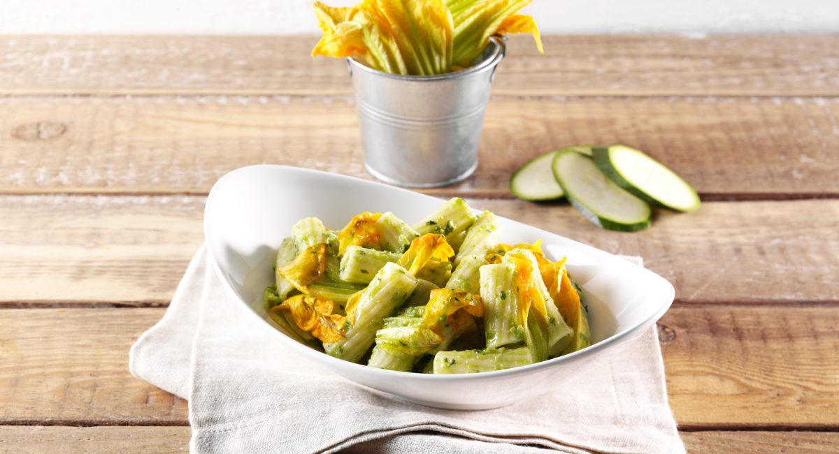 Cappelli durum wheat rigatoni with courgette flower cream