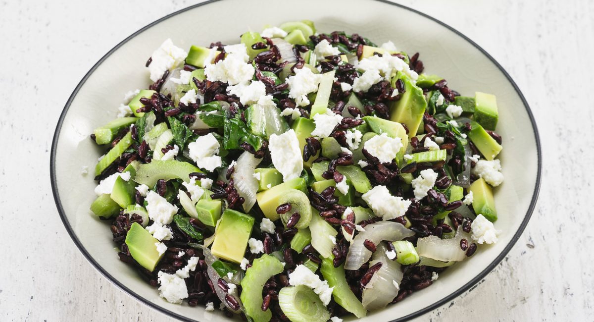 Warm nerone rice salad with creamy avocado