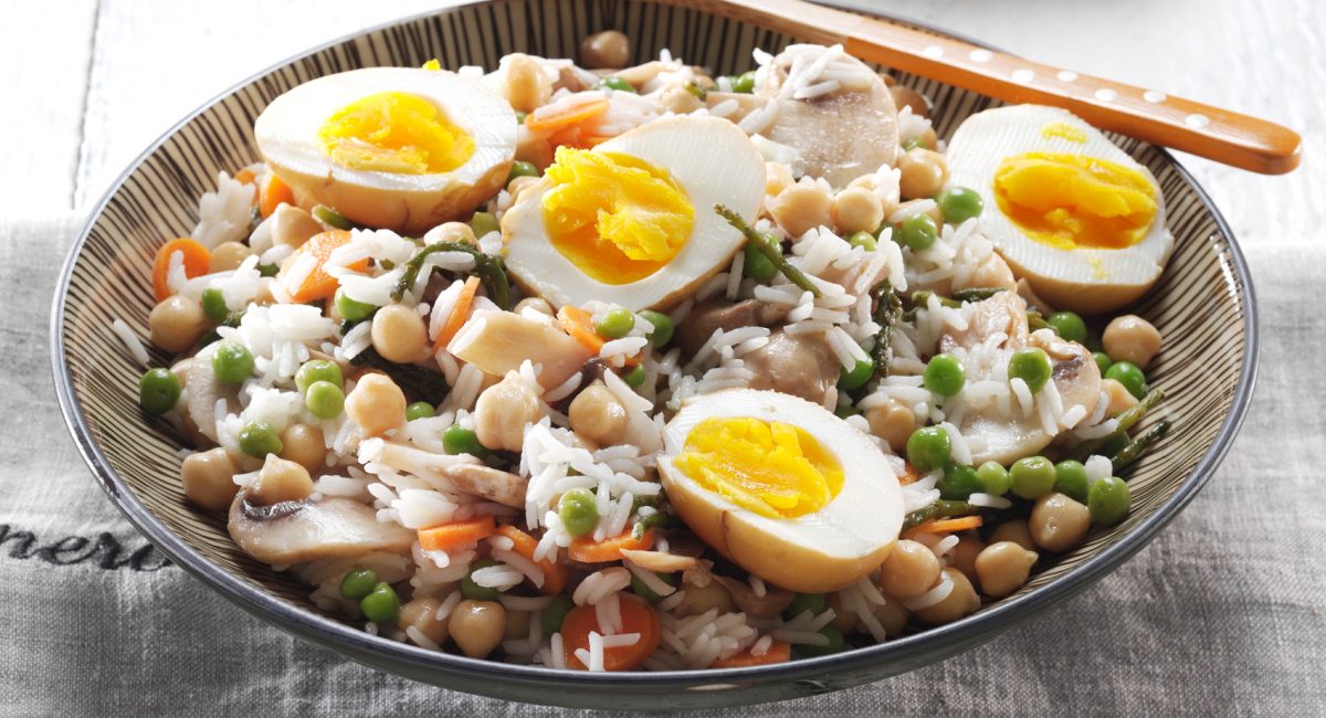 Basmati rice with marinated eggs and vegetables