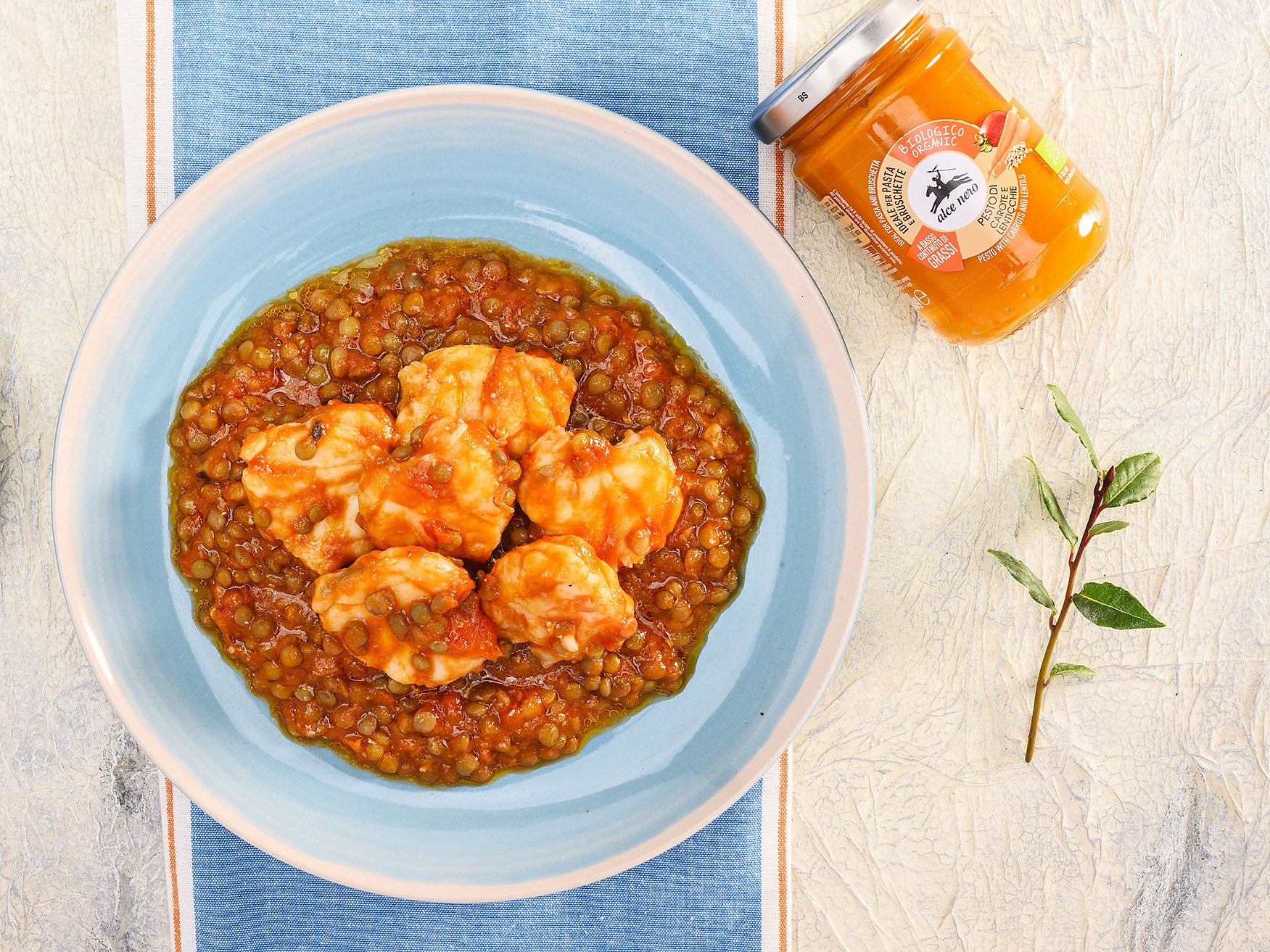 Monkfish stew with carrot and lentil pesto